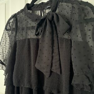Zara Black Sheer Pleated Polka Dot Short-Sleeve Top in Size S
